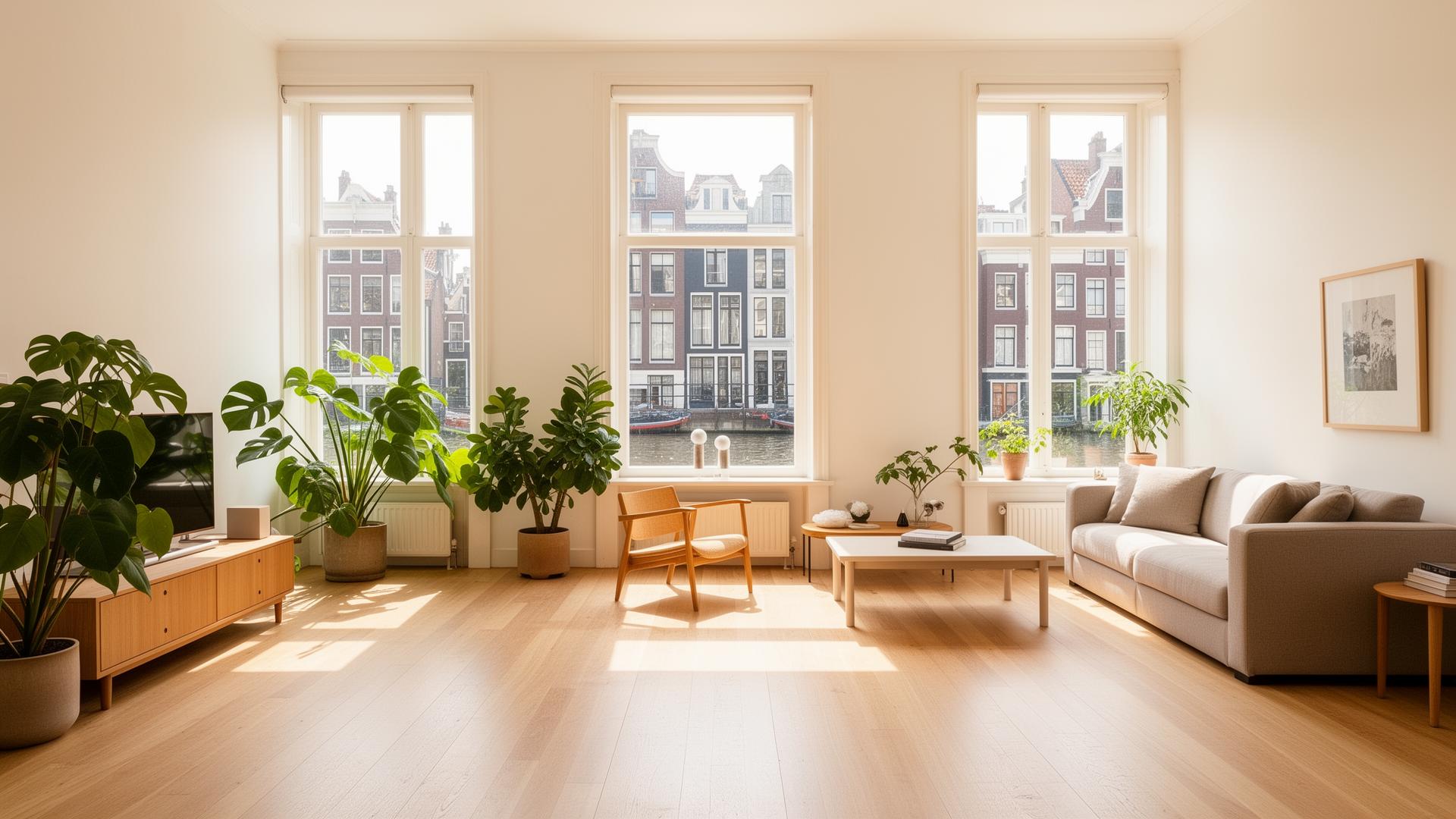 Bright airy Amsterdam canal house interior with natural light and warm wood floors