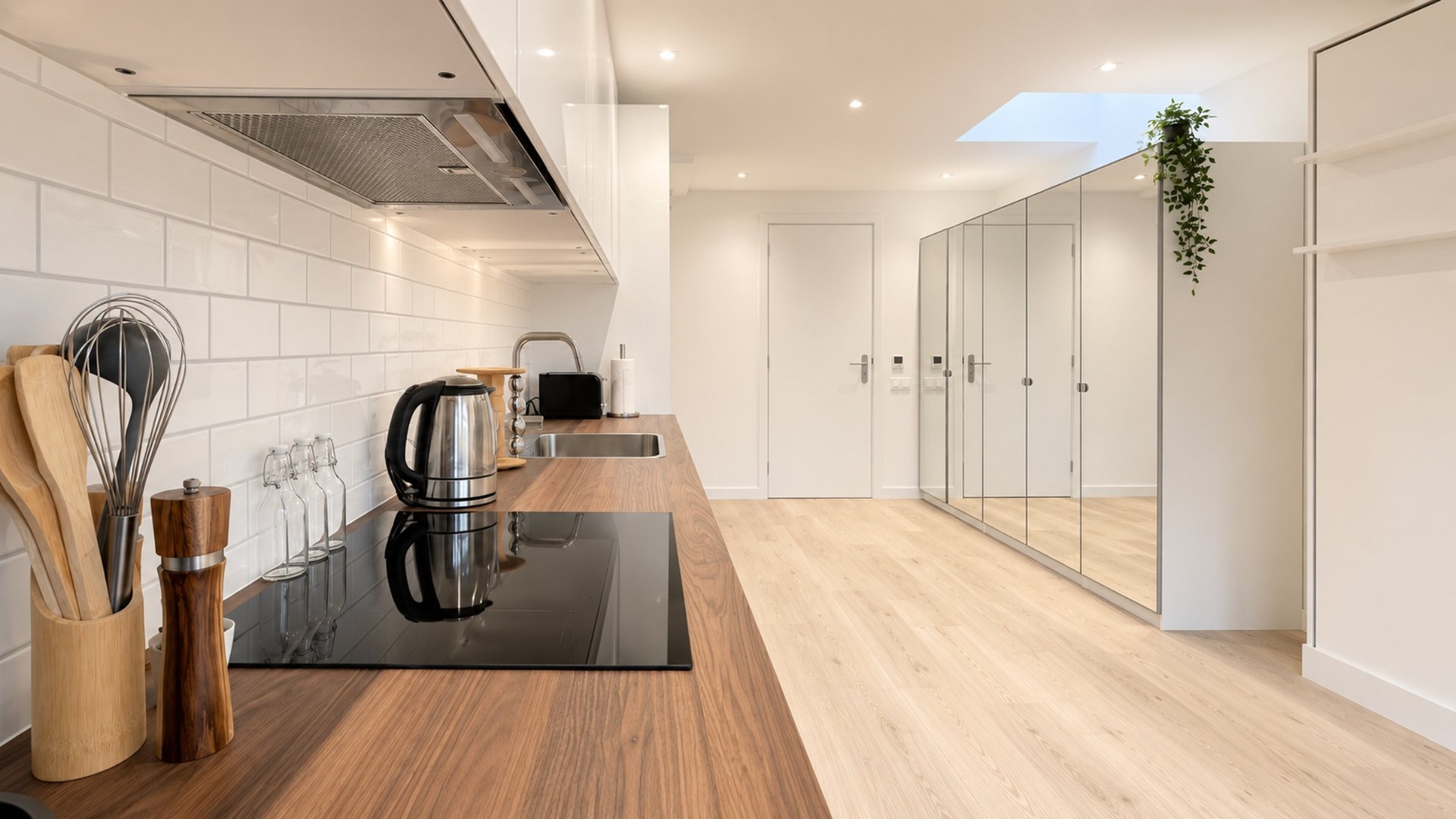 Renovated attic apartment in Oud-Zuid Amsterdam, showing open plan kitchen with walnut worktop, mirror wardrobe and skylight